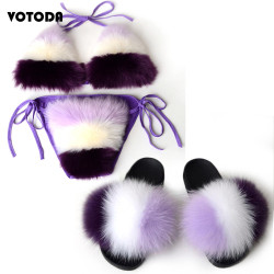 Women Real Fox Fur Slippers Sexy Bikini Bra Set Fluffy Raccoon Slides Beach Fur Swimsuit Underwear Fashion Bikini Set Detachable