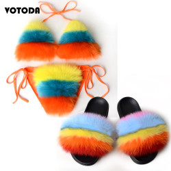 Women Real Fox Fur Slippers Sexy Bikini Bra Set Fluffy Raccoon Slides Beach Fur Swimsuit Underwear Fashion Bikini Set Detachable