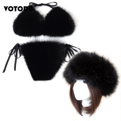 Women Real Fox Fur Slippers Sexy Bikini Bra Set Fluffy Raccoon Slides Beach Fur Swimsuit Underwear Fashion Bikini Set Detachable