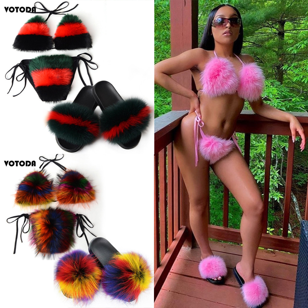 Women Real Fox Fur Slippers Sexy Bikini Bra Set Fluffy Raccoon Slides Beach Fur Swimsuit Underwear Fashion Bikini Set Detachable