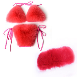 Women Real Fox Fur Slippers Sexy Bikini Bra Set Fluffy Raccoon Slides Beach Fur Swimsuit Underwear Fashion Bikini Set Detachable