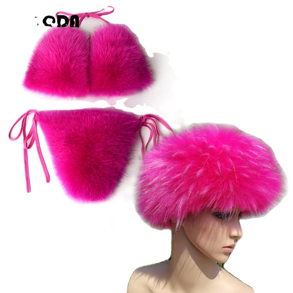 Women Real Fox Fur Slippers Sexy Bikini Bra Set Fluffy Raccoon Slides Beach Fur Swimsuit Underwear Fashion Bikini Set Detachable