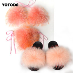 Women Real Fox Fur Slippers Sexy Bikini Bra Set Fluffy Raccoon Slides Beach Fur Swimsuit Underwear Fashion Bikini Set Detachable