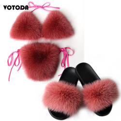 Women Real Fox Fur Slippers Sexy Bikini Bra Set Fluffy Raccoon Slides Beach Fur Swimsuit Underwear Fashion Bikini Set Detachable