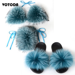Women Real Fox Fur Slippers Sexy Bikini Bra Set Fluffy Raccoon Slides Beach Fur Swimsuit Underwear Fashion Bikini Set Detachable