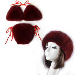 Women Real Fox Fur Slippers Sexy Bikini Bra Set Fluffy Raccoon Slides Beach Fur Swimsuit Underwear Fashion Bikini Set Detachable