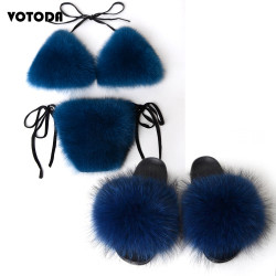 Women Real Fox Fur Slippers Sexy Bikini Bra Set Fluffy Raccoon Slides Beach Fur Swimsuit Underwear Fashion Bikini Set Detachable