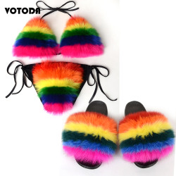 Women Real Fox Fur Slippers Sexy Bikini Bra Set Fluffy Raccoon Slides Beach Fur Swimsuit Underwear Fashion Bikini Set Detachable