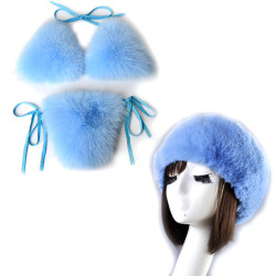 Women Real Fox Fur Slippers Sexy Bikini Bra Set Fluffy Raccoon Slides Beach Fur Swimsuit Underwear Fashion Bikini Set Detachable