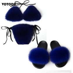 Women Real Fox Fur Slippers Sexy Bikini Bra Set Fluffy Raccoon Slides Beach Fur Swimsuit Underwear Fashion Bikini Set Detachable