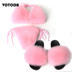 Women Real Fox Fur Slippers Sexy Bikini Bra Set Fluffy Raccoon Slides Beach Fur Swimsuit Underwear Fashion Bikini Set Detachable