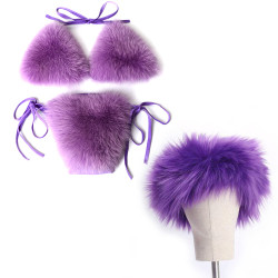 Women Real Fox Fur Slippers Sexy Bikini Bra Set Fluffy Raccoon Slides Beach Fur Swimsuit Underwear Fashion Bikini Set Detachable