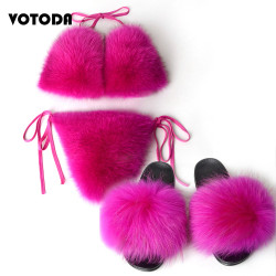Women Real Fox Fur Slippers Sexy Bikini Bra Set Fluffy Raccoon Slides Beach Fur Swimsuit Underwear Fashion Bikini Set Detachable