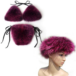 Women Real Fox Fur Slippers Sexy Bikini Bra Set Fluffy Raccoon Slides Beach Fur Swimsuit Underwear Fashion Bikini Set Detachable