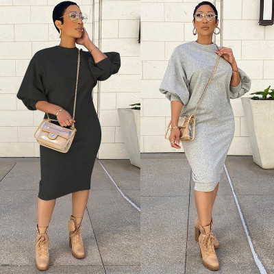 fall New sweater dress women clothing style five-point lantern sleeve loose long plus size sweater dress