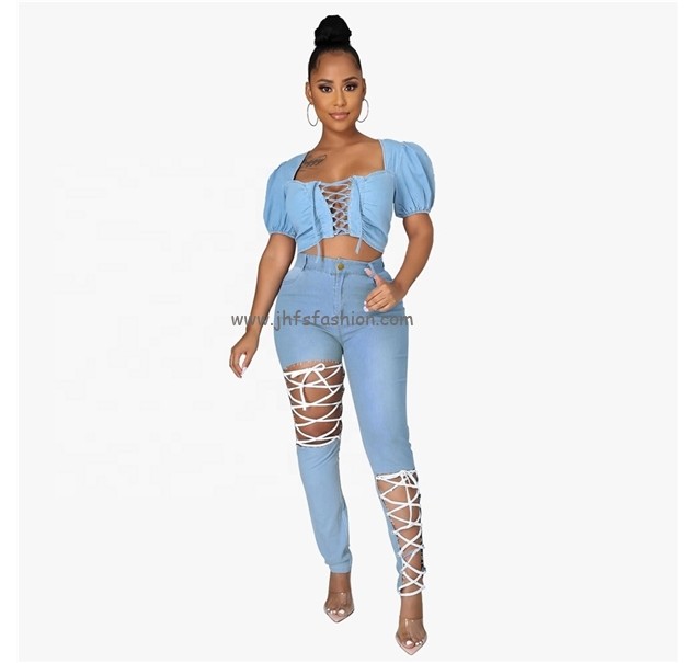 J&H 2021 Latest Pure Color Hollow Out Casual Jeans High Waist Hole Trousers Womens Denim Trousers High Fashion Street Wear