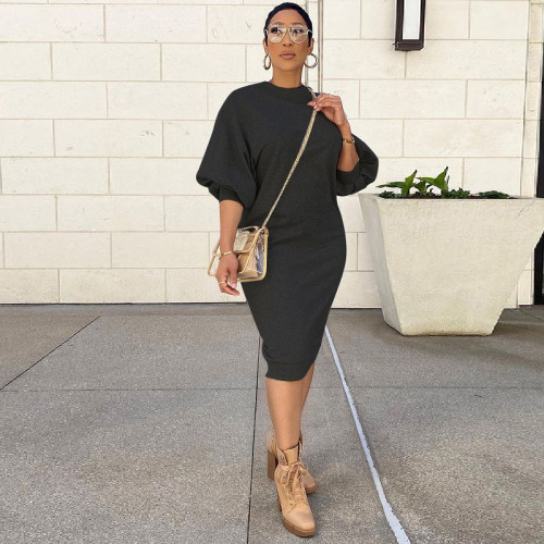 fall New sweater dress women clothing style five-point lantern sleeve loose long plus size sweater dress