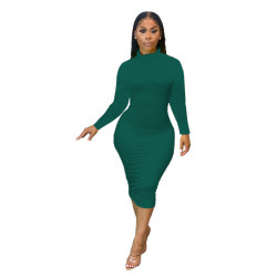 Sh7211 Simple Fashion Ladies Elegant Casual Dresses High Collar Solid Color Dresses Women Clothing