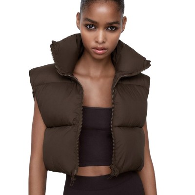 Stand Collar Cotton Vests Women Solid Zipper Coats High Waisted Vests Ladies