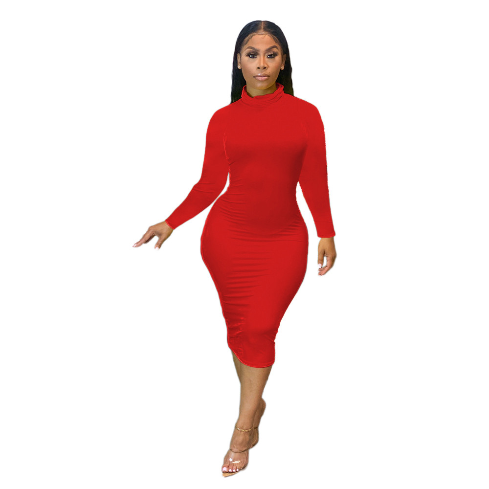 Sh7211 Simple Fashion Ladies Elegant Casual Dresses High Collar Solid Color Dresses Women Clothing