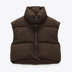 Stand Collar Cotton Vests Women Solid Zipper Coats High Waisted Vests Ladies