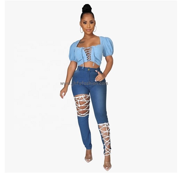 J&H 2021 Latest Pure Color Hollow Out Casual Jeans High Waist Hole Trousers Womens Denim Trousers High Fashion Street Wear