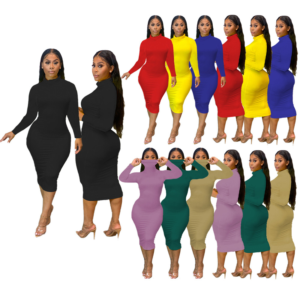 Sh7211 Simple Fashion Ladies Elegant Casual Dresses High Collar Solid Color Dresses Women Clothing