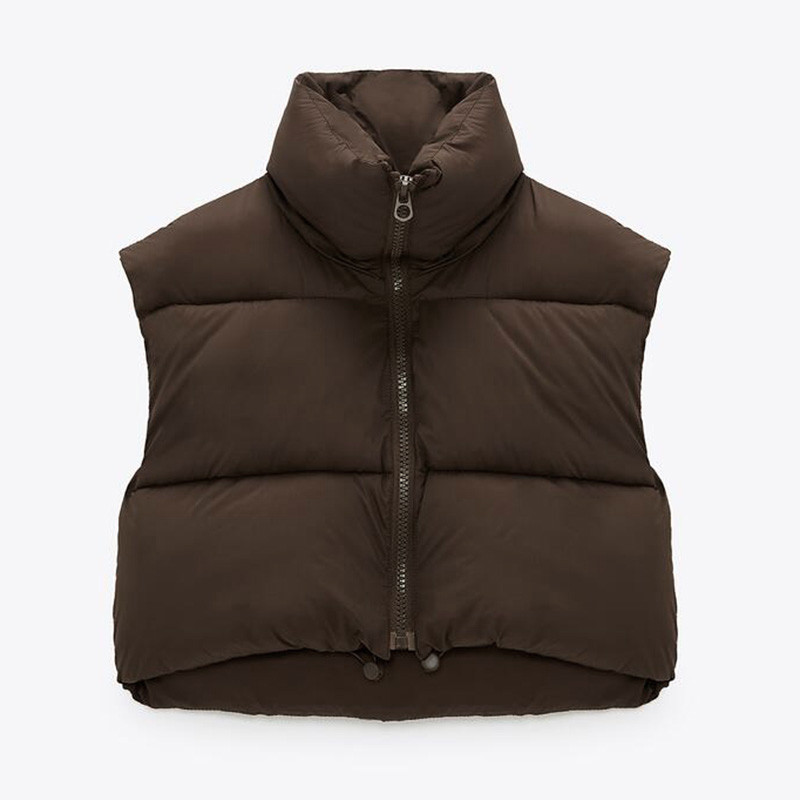 Stand Collar Cotton Vests Women Solid Zipper Coats High Waisted Vests Ladies