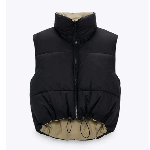Stand Collar Cotton Vests Women Solid Zipper Coats High Waisted Vests Ladies