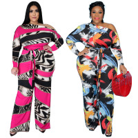 New womens jumpsuits printed slanted shoulder strap wide leg pants jumpsuit women jumpsuit