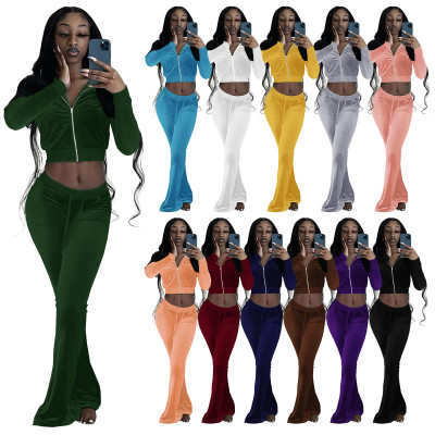 Fast Dispatch Fall Clothing Front Zipper Velvet Sweatsuit Women Long Wide Flare Pants Velvet 2 Piece Set Tracksuit For Women