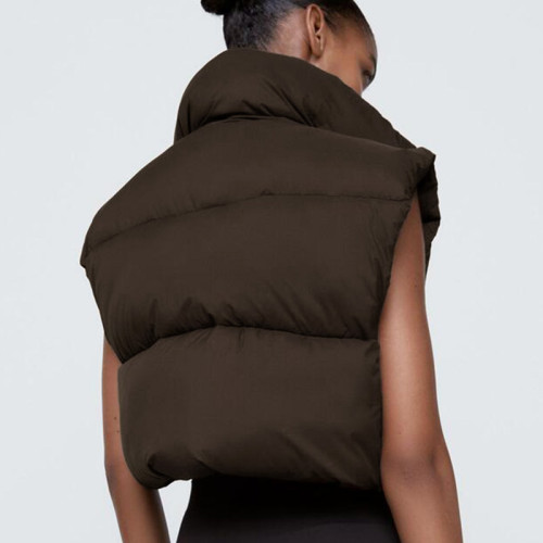 Stand Collar Cotton Vests Women Solid Zipper Coats High Waisted Vests Ladies