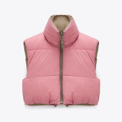 Stand Collar Cotton Vests Women Solid Zipper Coats High Waisted Vests Ladies