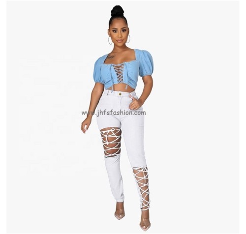 J&H 2021 Latest Pure Color Hollow Out Casual Jeans High Waist Hole Trousers Womens Denim Trousers High Fashion Street Wear