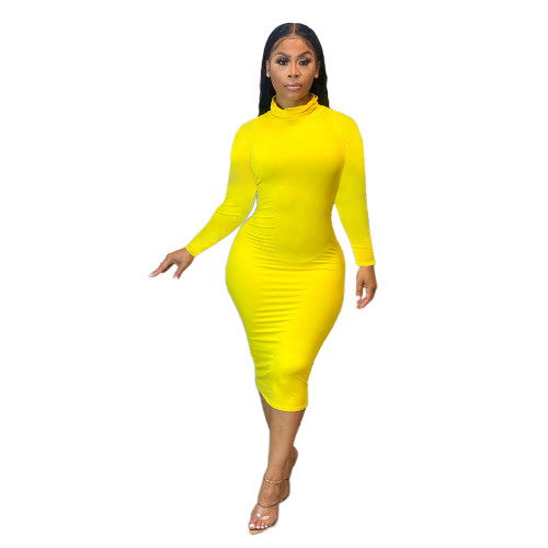 Sh7211 Simple Fashion Ladies Elegant Casual Dresses High Collar Solid Color Dresses Women Clothing