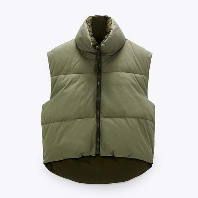 Stand Collar Cotton Vests Women Solid Zipper Coats High Waisted Vests Ladies