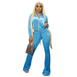 Fast Dispatch Fall Clothing Front Zipper Velvet Sweatsuit Women Long Wide Flare Pants Velvet 2 Piece Set Tracksuit For Women