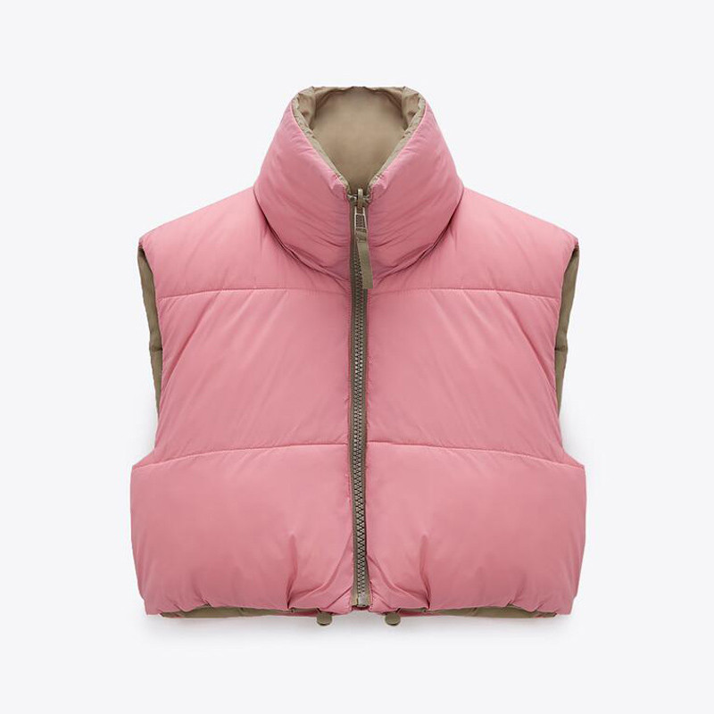 Stand Collar Cotton Vests Women Solid Zipper Coats High Waisted Vests Ladies