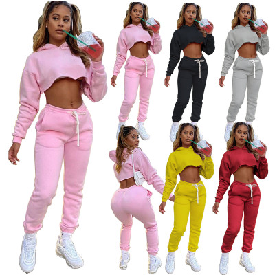 2021 Custom Logo Two Pieces Hoodie Training Tracksuit Joggers Suits Set 2 Piece Stacked Top Pants sweat  Suit Fall  for Women