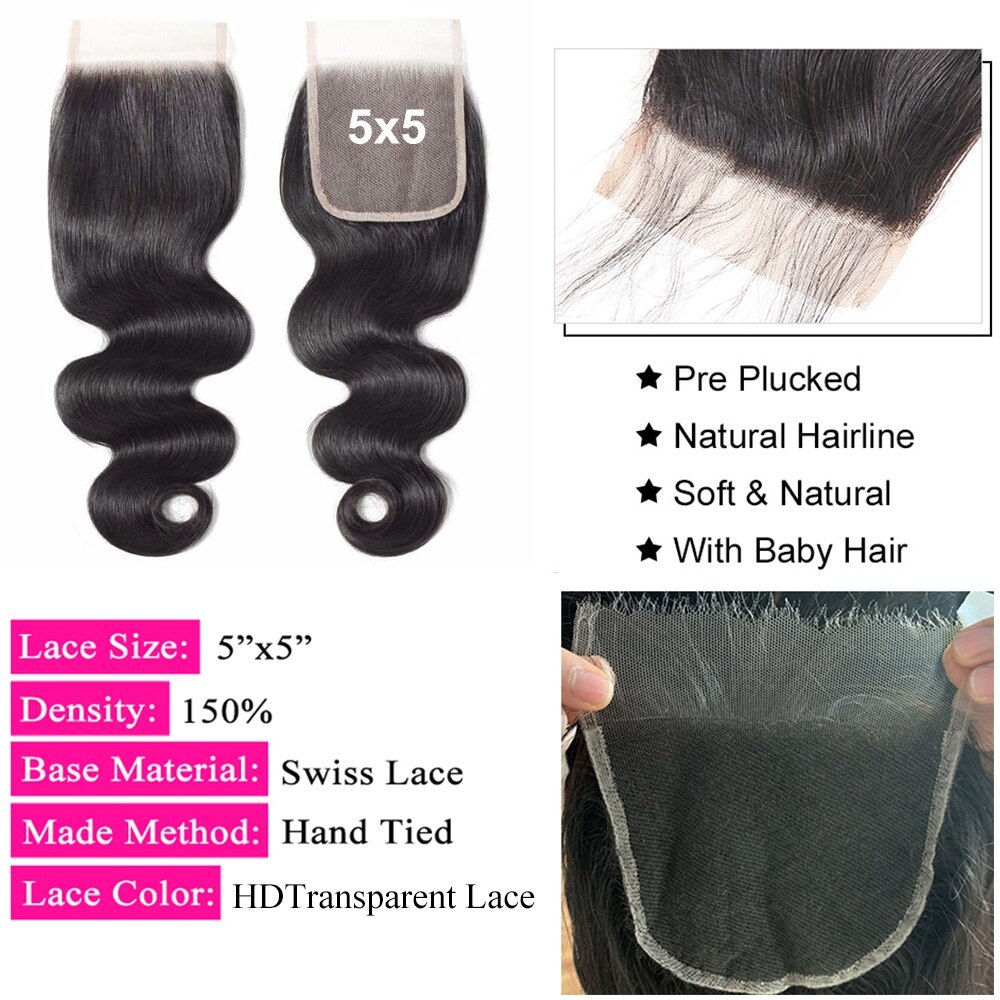Drivworld 5x5 Lace Closure Brazilian Body Wave Human Hair Tansparent HD Lace 13x6 Lace Frontal Closure cheveux humain