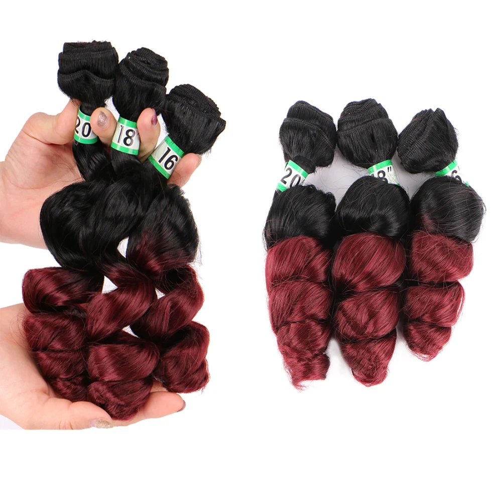 Two Tone Ombre Black To Purple Red Burgundy Loose Wave Synthetic Hair Extensions High Temperature Hair Bundles for Black Women