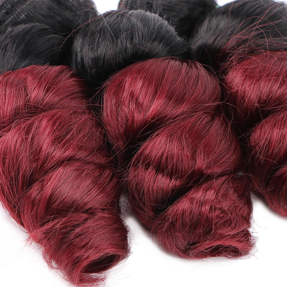 Two Tone Ombre Black To Purple Red Burgundy Loose Wave Synthetic Hair Extensions High Temperature Hair Bundles for Black Women