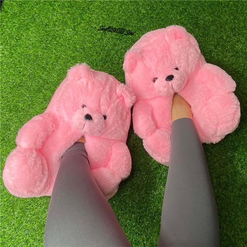 New Women's Home Indoor Soft Anti-Slip Faux Fur Cute Slippers Winter  House Warm Plush Shoes Cartoon Furry Teddy Bear Flip Flops