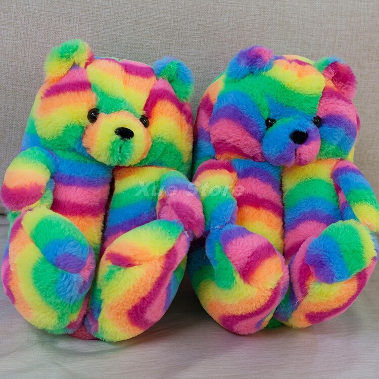 Kids Teddy Bear Slippers Cute Cartoon Sandals For Children Women Plush Flip Flops Furry Teddy Bear Slides Ladies Home Flat Shoes