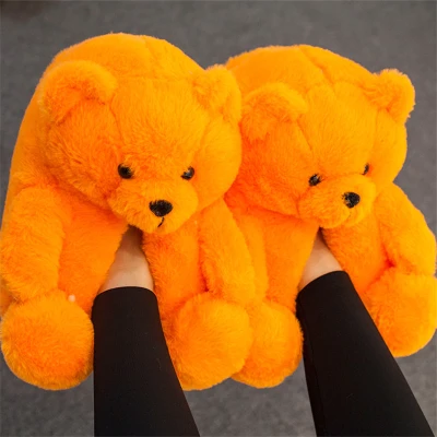 New Women's Home Indoor Soft Anti-Slip Faux Fur Cute Slippers Winter  House Warm Plush Shoes Cartoon Furry Teddy Bear Flip Flops