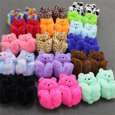 Kids Teddy Bear Slippers Cute Cartoon Sandals For Children Women Plush Flip Flops Furry Teddy Bear Slides Ladies Home Flat Shoes