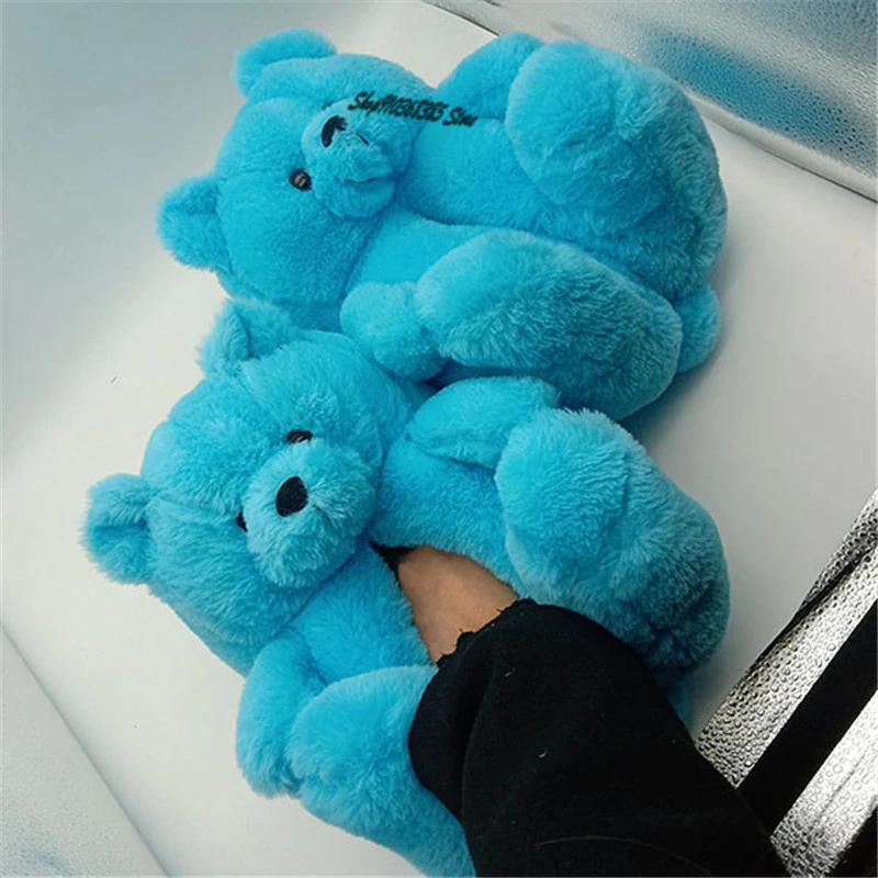 New Women's Home Indoor Soft Anti-Slip Faux Fur Cute Slippers Winter  House Warm Plush Shoes Cartoon Furry Teddy Bear Flip Flops