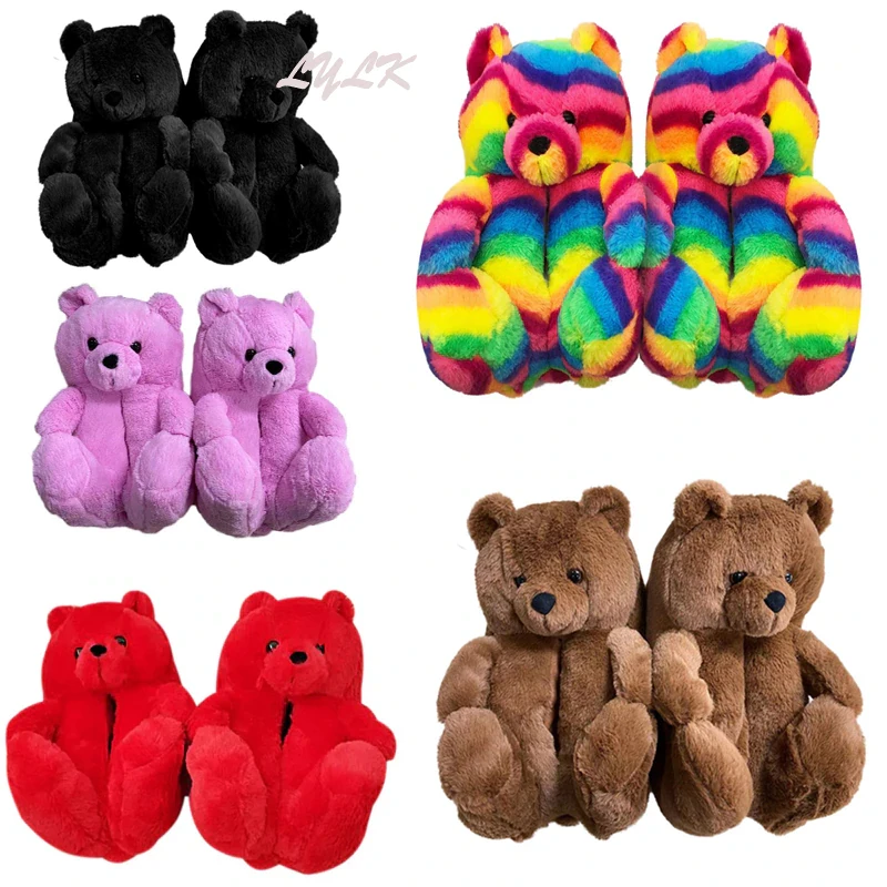 New Women's Home Indoor Soft Anti-Slip Faux Fur Cute Slippers Winter  House Warm Plush Shoes Cartoon Furry Teddy Bear Flip Flops