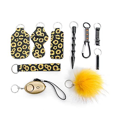 Safety Keychain Set 10-in-1 for Women-Alarm,Window Breaker Tool,Lipstick Holder,Hand Sanitizer Holder,Whistle and Pom Pom.