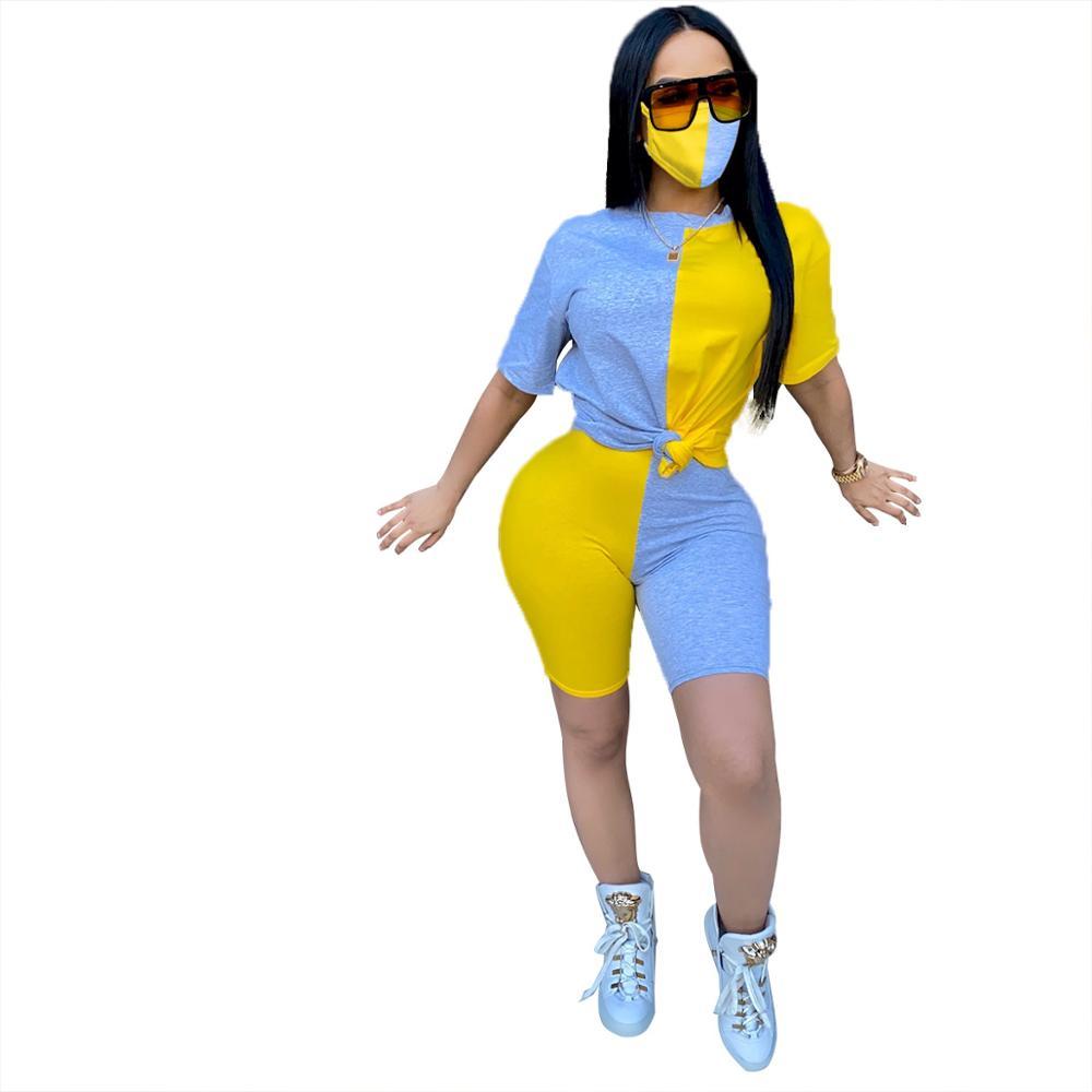 Casual Women Biker Short Set Color Patchwork Shirt Crop Top + Pants Short Sleeve Tracksuit Sportsuit Outfit